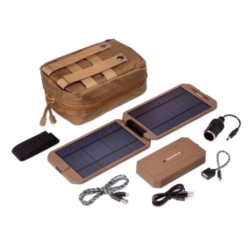 Powertraveller Tactical Extreme Solar Kit. Includes a 12,000 mAh power pack, USB to USB-C connection cable, solar panel, USB to Micro USB cable, Female 12V in-car charger socket, USB-C to female USB cable, velcro strap, and a tactical pouch.