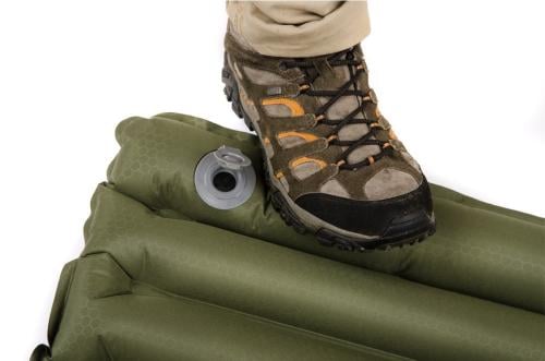 Snugpak BCO Air Mat Sleeping Pad w. Built-in Pump. If your shoe is as clean as in the picture, you can leave it on. We choose to pump with the socks on or barefoot; we're not animals.