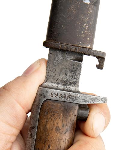 Krag-Jorgensen Bayonet w.o. WaA Insignia, Dented Sheath, Good Condition.