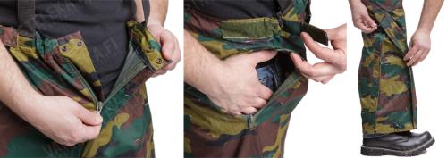 Belgian Rain Pants, Jigsaw Camo, Unissued, Surplus. Zipper fly, "false" pockets and zippered legs to ease donning and doffing.
