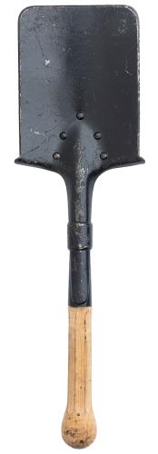 Swiss Field Spade, Surplus. The shovel has an octagonal shaft with a charming dildoesque knob pretending to be an ergonomic handle.