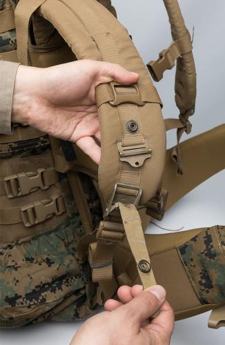 USMC ILBE Rucksack, MARPAT, Surplus. Quick release for emergencies and an extra steel buckle in case of breakage in the field.