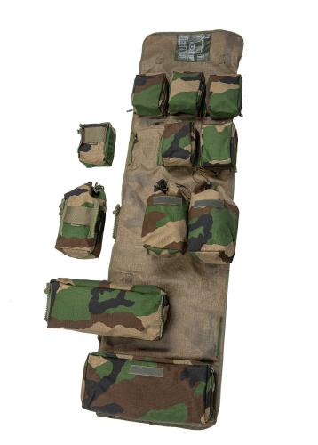 French SSA 1999 Modular Medical Rucksack, CCE, Surplus. Unrolled, the bag is a 40 x 140 cm / 16" x 55" sheet and has 11 removable pouches. D-rings for hanging.
