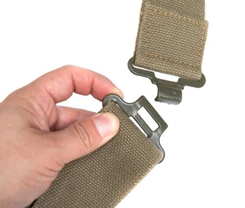 SADF Webbing Service Belt, Surplus. The buckle is closed by inserting it through the rectangular loop.