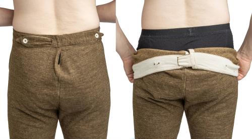 French M47 Long Johns, Surplus. The waistband is adjusted with an advanced button-up strap system on the back. If it's the wrong size, just move the buttons to a different location!