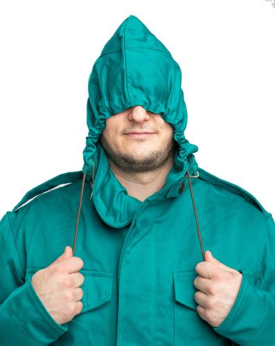 Austrian Anzug 75 Field Jacket, Funny Green, Surplus. The hood can be tightened to protect the eyes from things you'd rather not see.