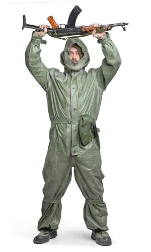 Czechoslovakian OPCH 70 Rubber NBC Coverall, Surplus. Includes a mag pouch and a bayonet sheath.