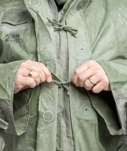 Czechoslovakian OPCH 70 Rubber NBC Coverall, Surplus. Coverall has cords and buttons.