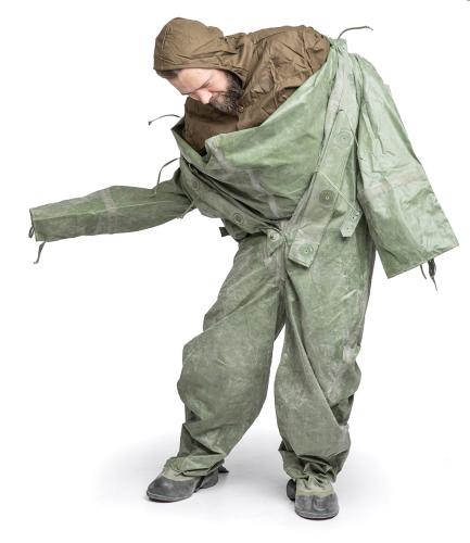 Czechoslovakian OPCH 70 Rubber NBC Coverall, Surplus. You can put this on solo, but you might need help getting out of it.