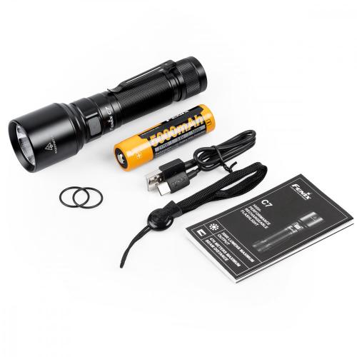 Fenix C7 Rechargeable Flashlight. Included in the box: Fenix C7 flashlight, ARB-L21-5000 rechargeable li-ion battery, USB Type-C charging cable, lanyard, spare O-ring, and user guide.