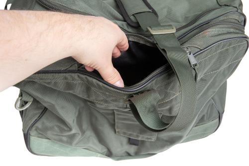 French Holdall, Green, Surplus. Integrated should straps are in this pocket.