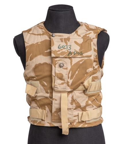 British Flak Jacket, without Protective Material, Desert DPM, Surplus. British desert camo frag vest without the protective material.