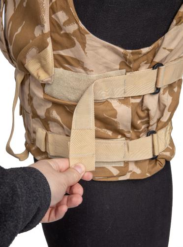 British Flak Jacket, without Protective Material, Desert DPM, Surplus. Velcro straps on both sides for adjusting the fit.