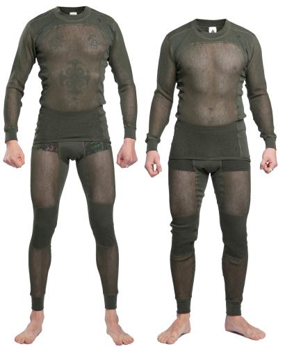 Aclima WoolNet Base Layer Set. 188 cm / 70 kg (6' 2" / 155 lbs) slender man on the left, 175 cm / 76 kg (5' 9" / 167 lbs) fighter on the right. Both are wearing Medium, but actually Small would have been better.