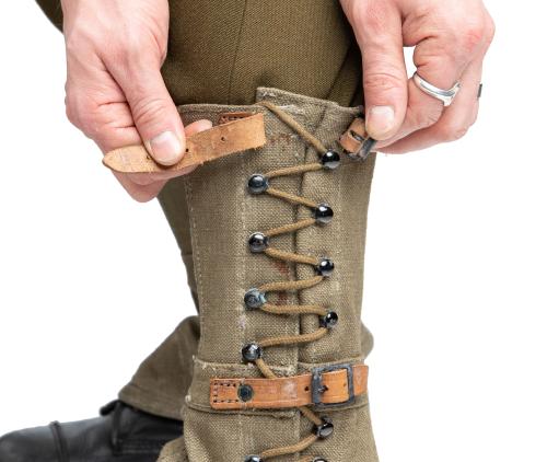 French MLE-1950 Gaiters, Surplus. Leather straps for that finishing touch.