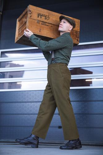 British Wool Dress Pants, Brown-Green, Surplus. Our casual work uniform in the warehouse and a sneak peek at our modern logistics system.