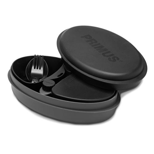 Primus Meal Set. Black lids, spork, cutting board, and cup.
