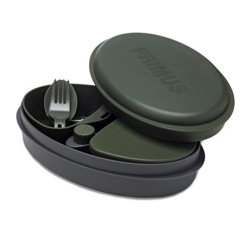 Primus Meal Set. Green lids, spork, cutting board, and cup.