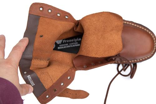 Freestyle RECCE Style Combat Boots, Brown. The tongue is bellowed up to the notch in the lacing, which is perfectly adequate.