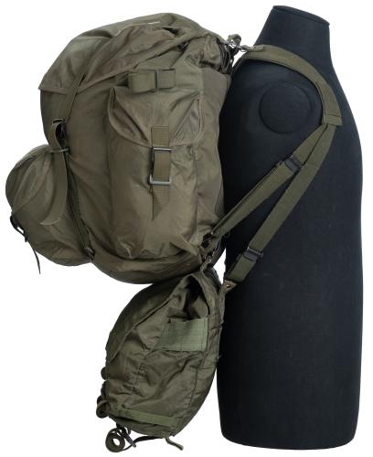 Austrian "ALICE"-Style Rucksack with Carrying Yoke and Daypack, Surplus. One way of carrying the rucksack and the daypack simultaneously using the carrying yoke