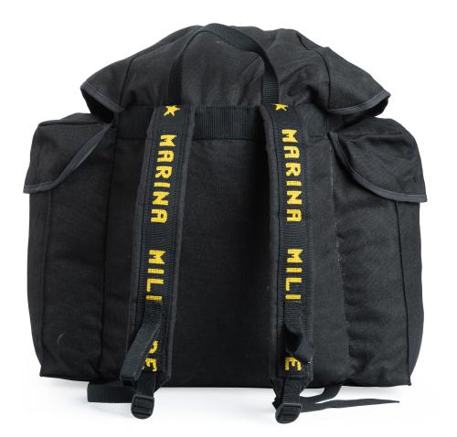 Italian Navy Backpack, Surplus. This backpack has padded and adjustable shoulder straps with the yellow text "Marina Militare".