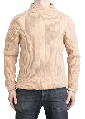 Brenda Wool Sweater w. Mock Neck Collar, Beige. Hem turned shorter