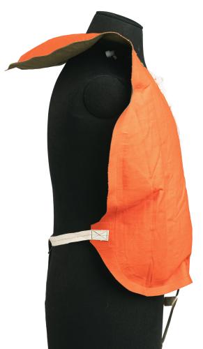 Czechoslovakian Inflatable Life Vest, Surplus. Flotation thingies on the front and behind the neck theoretically prevent you from drowning. Don't test it in a real situation though.
