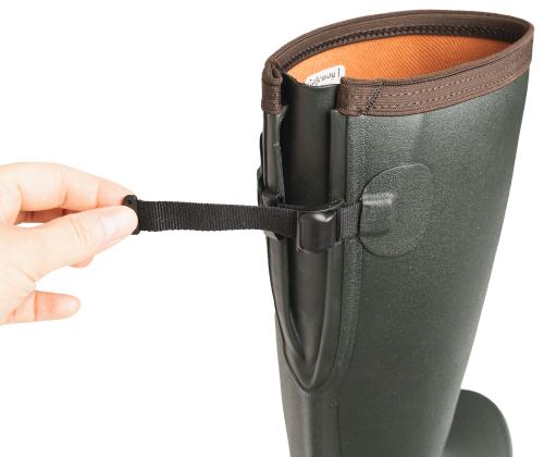 Gateway1 Sportsman II 18" Rubber Boots. The top of the bootleg features an adjustable gusset that makes it easier to get into the boots, and then you can tighten the boots to sit more securely.