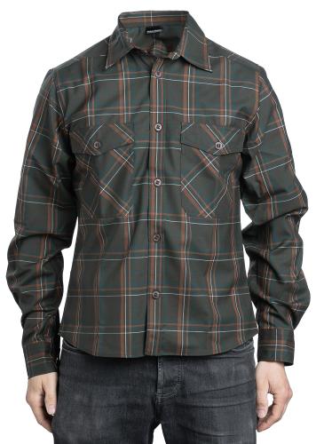 Särmä Light Wool Check Shirt. Model height 181 cm, chest circumference 96 cm, waist circumference 88 cm. Wearing size Medium Regular shirt.