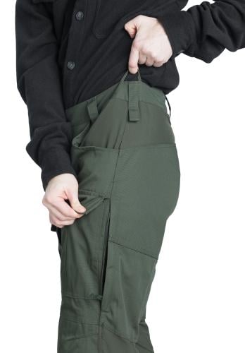 Särmä Outdoor Pants. Loops for hook suspenders. Breathability and mobility are improved by a 4-way stretch material we used at the crooks of knees, crotch gusset, and below the waistband.