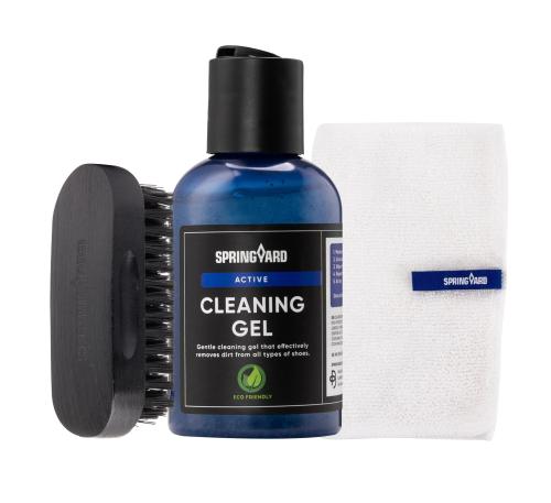 Springyard Active Shoe Cleaning Kit. This compact set has all the things you need for cleaning your outdoor shoes and boots, and other footwear. A cleaning cloth, brush, and cleaning gel suitable for all types of shoes.