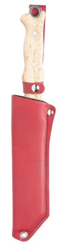 Terävä Skrama 240, 20th Anniversary Edition. The "Varusteleka red" sheath is included with the knife. The brown and black leather sheath of the Skrama 240 also work with this Anniversary Edition.