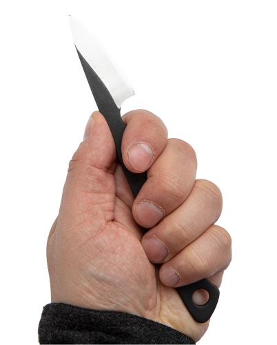 Terävä Tiny Knife, Carbon Steel. The tip part of the spine can be used for striking ferro rods. The rest is rounded to allow you to rest your thumb there in precision work.