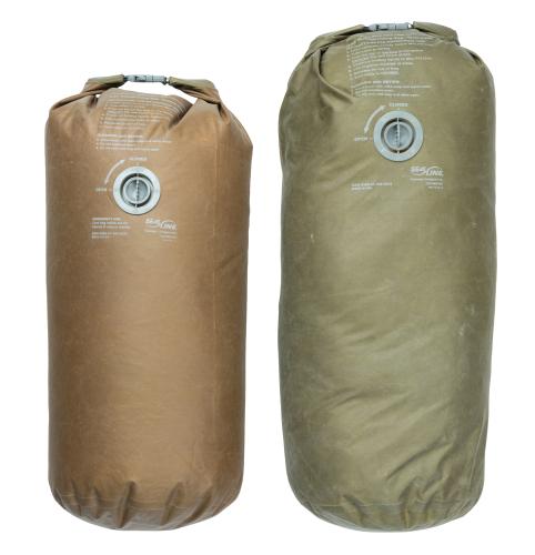 USMC ILBE Sack, OD Green, Surplus, 65 L. Side-by-side comparison with the smaller coyote brown ILBE sack.