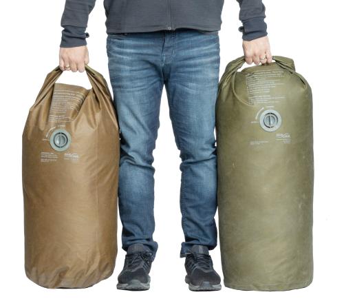 USMC ILBE Sack, OD Green, Surplus, 65 L. Side-by-side comparison with the smaller coyote brown ILBE sack.