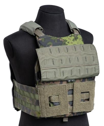 Velocity Systems SCARAB LT Plate Carrier. Front flap up, cummerbund attaches to the kangaroo pouch velcro.